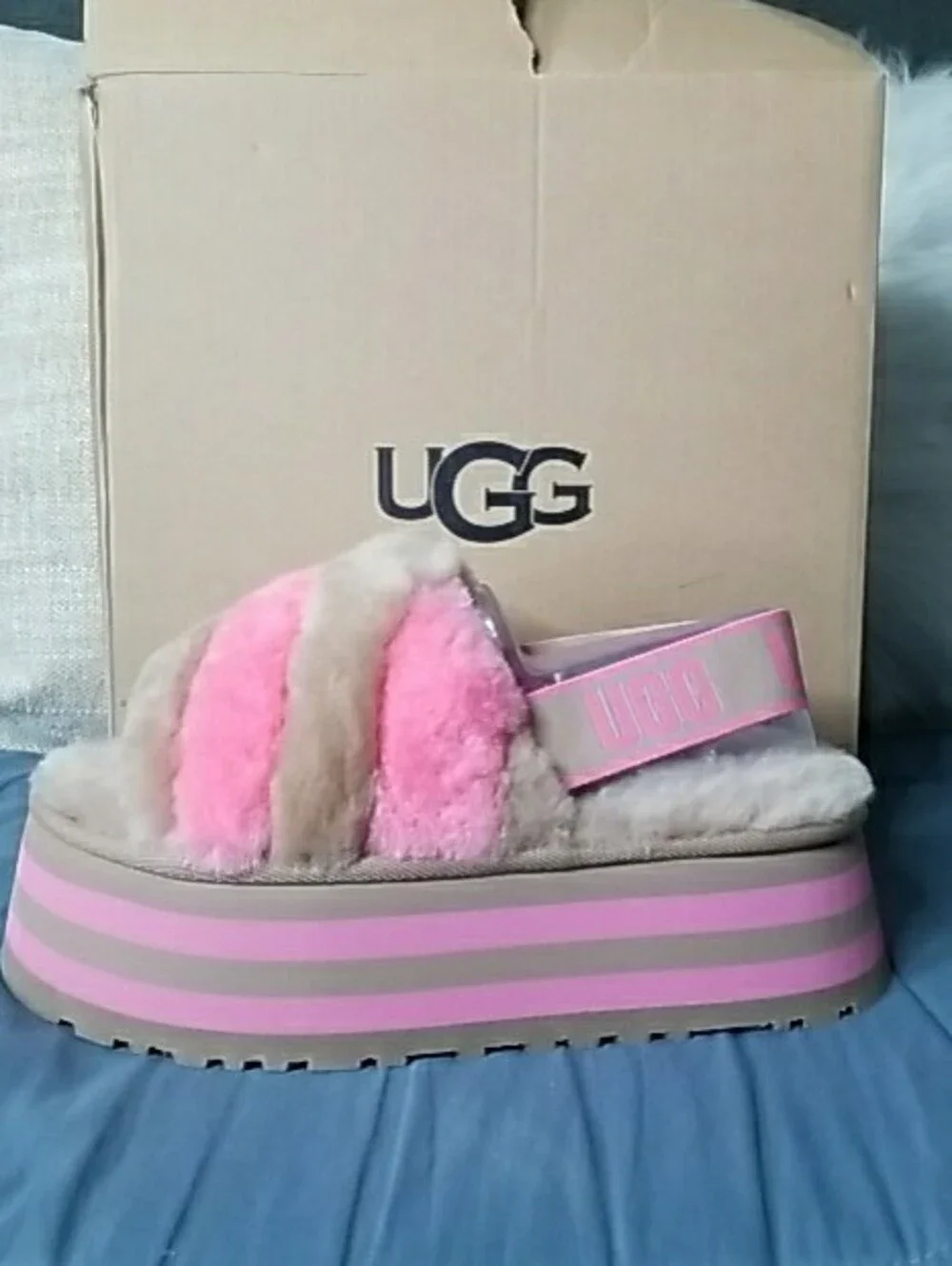 UGG Pink and Beige Fuzzy Platform Slides